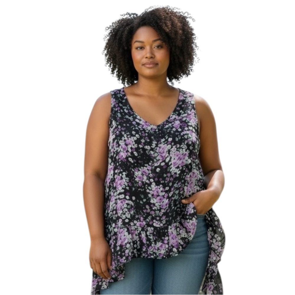 Torrid Sheer Black & Pink Floral Sleeveless Top High Low Ruffle Hem Whimsigoth